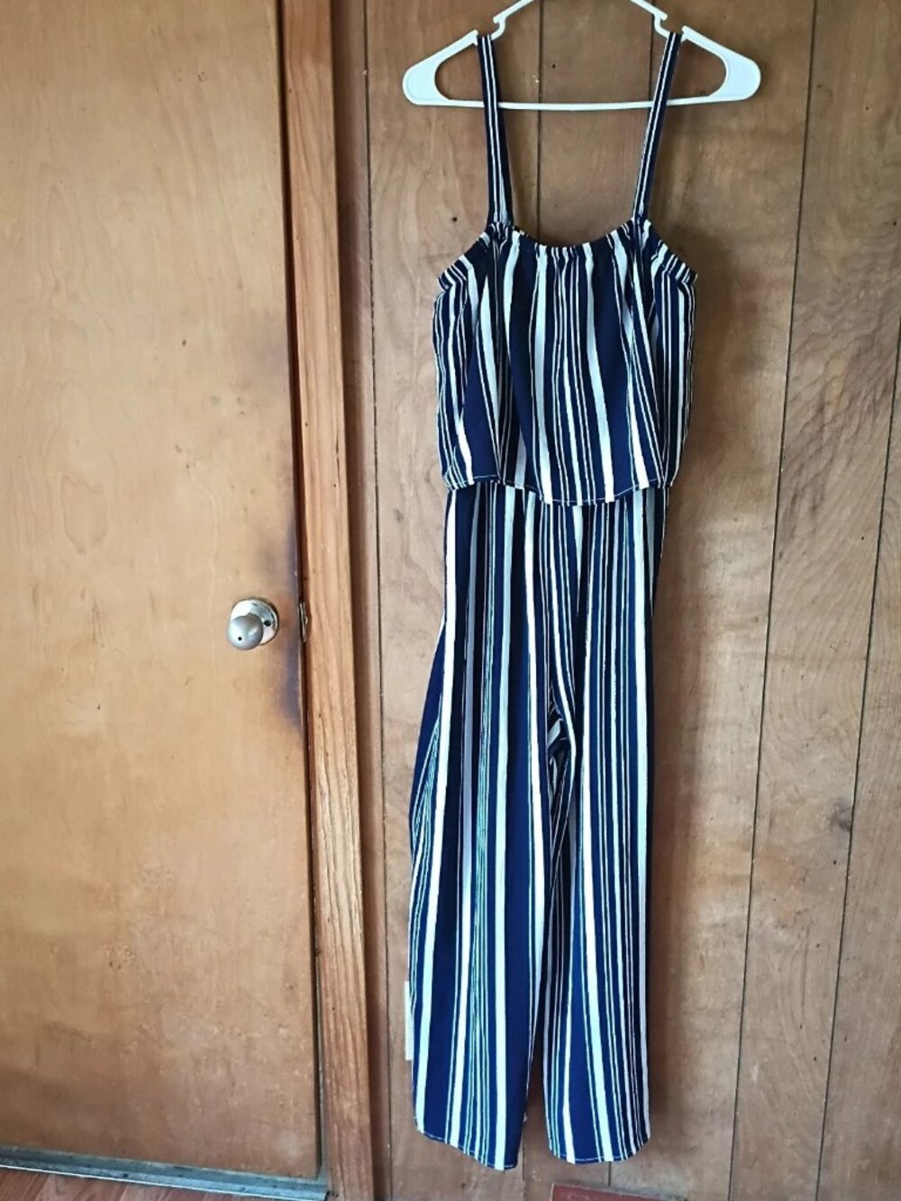 Time and Tru Striped Wide Leg jumpsuit Size L blue White Pull-On Elastic Waist